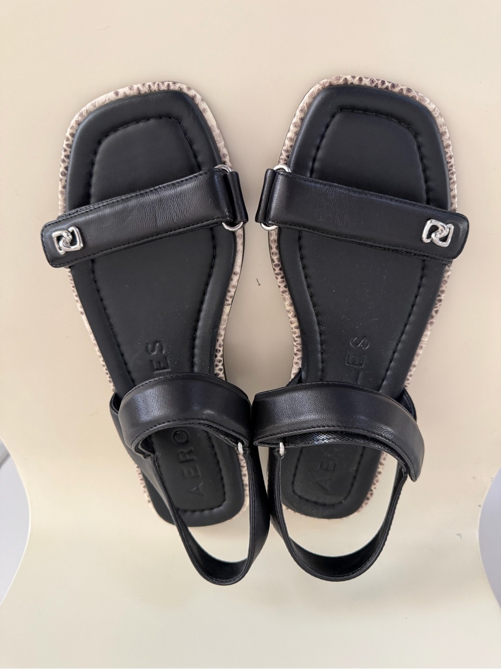 AEROSOLES Black Leather Square-Toe Slingback Sandals